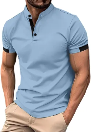 Mens Short Sleeve Polo Shirt Summer Casual Band Collar Tops Henley Shirts 2024 Fashion Classic Collarless Golf Shirts