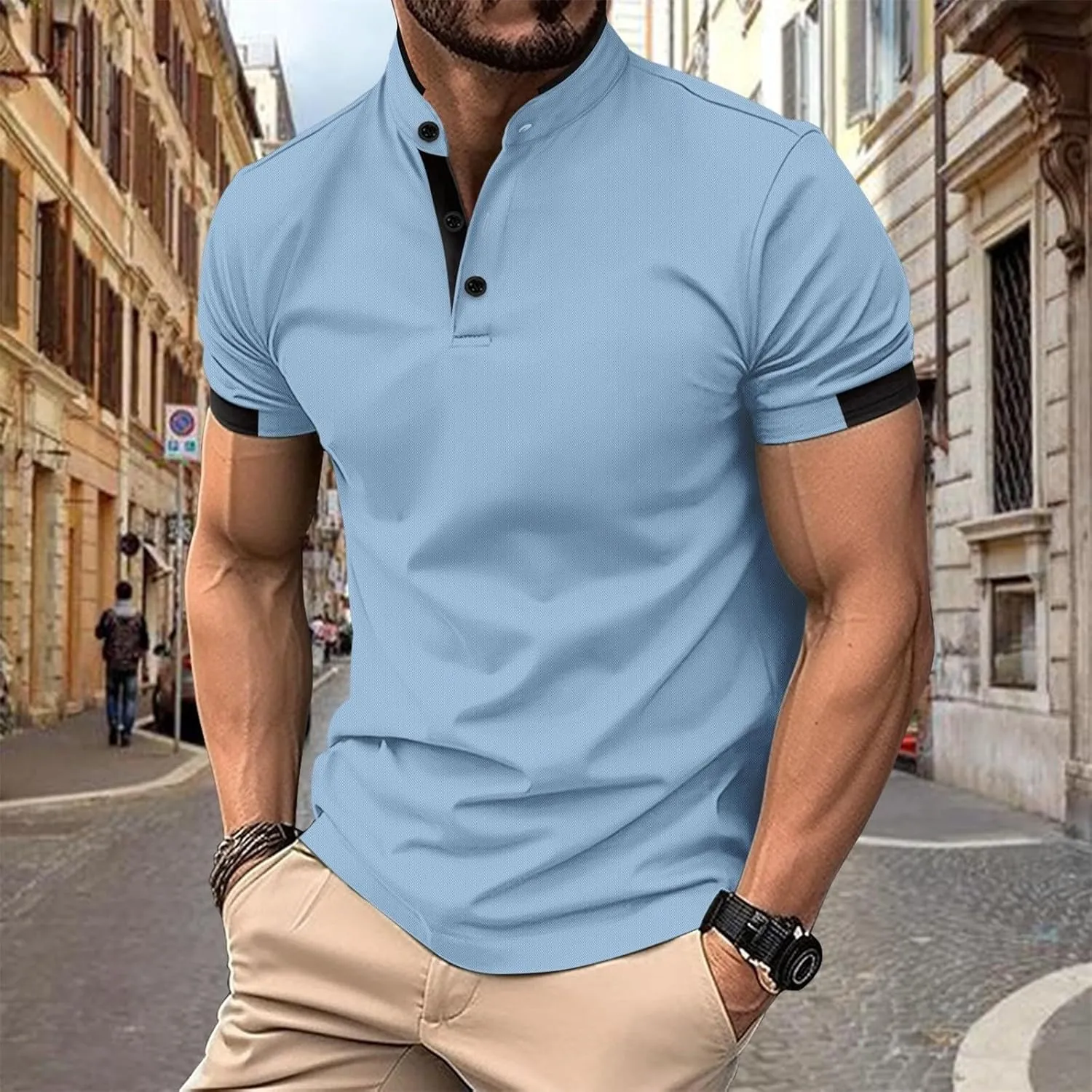 Mens Short Sleeve Polo Shirt Summer Casual Band Collar Tops Henley Shirts 2024 Fashion Classic Collarless Golf Shirts