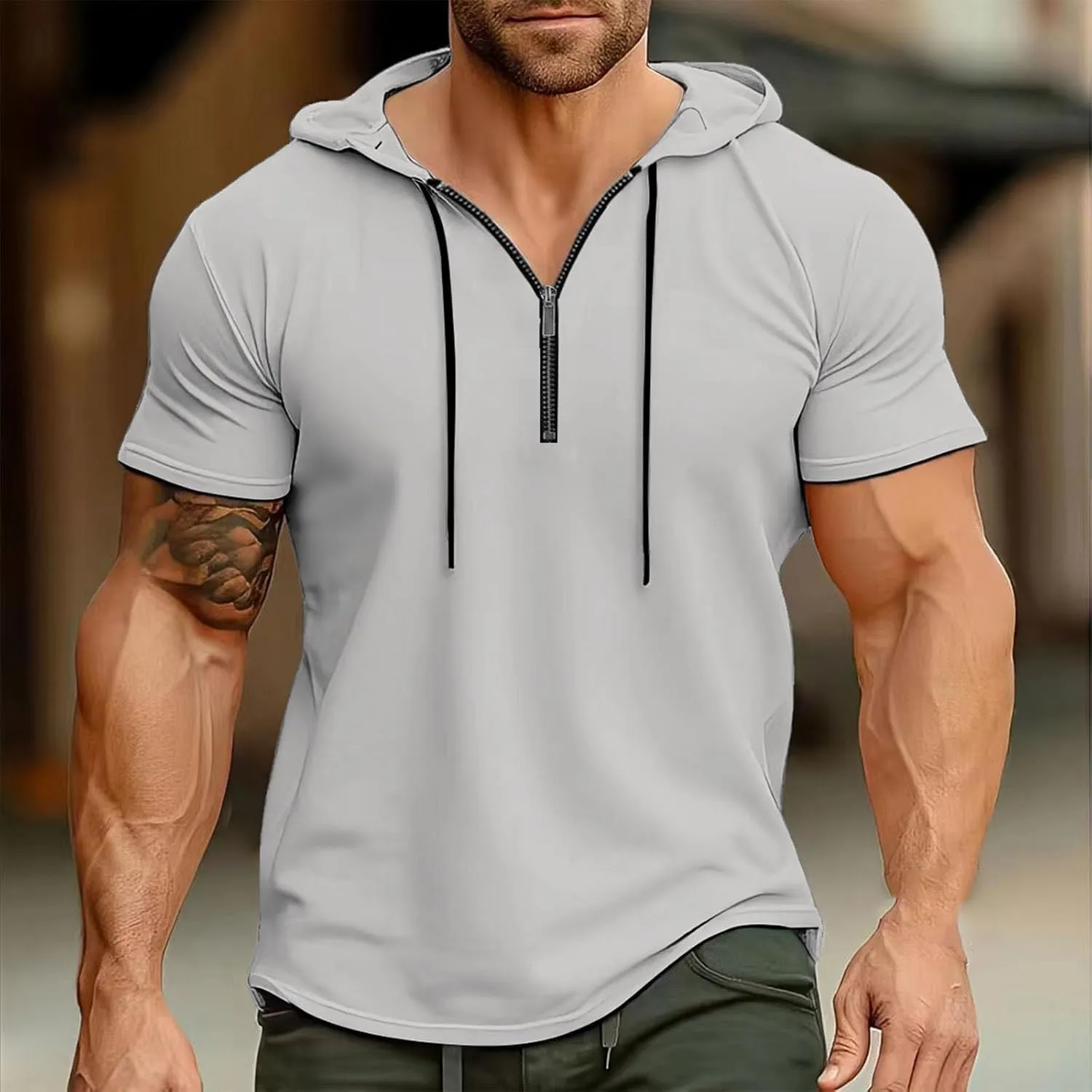 Mens Short Sleeve Shirts Workout Performance Quarter Zip Pullover Hoodies Casual Quick Dry Gym Athletic Hooded Shirts