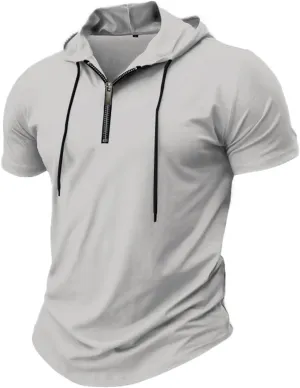 Mens Short Sleeve Shirts Workout Performance Quarter Zip Pullover Hoodies Casual Quick Dry Gym Athletic Hooded Shirts