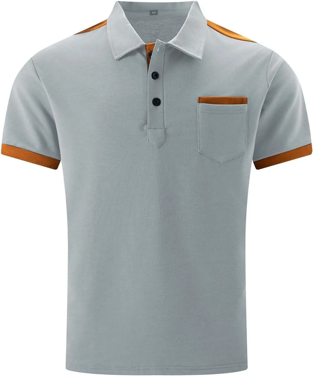 Men's Slim Fit Polo Shirt Lapel Collar Button Down Patchwork Color Matching Work T Shirt Lightweight Tops with Pocket