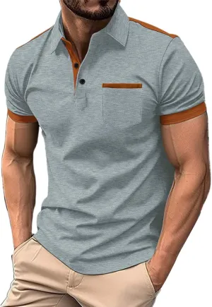 Men's Slim Fit Polo Shirt Lapel Collar Button Down Patchwork Color Matching Work T Shirt Lightweight Tops with Pocket