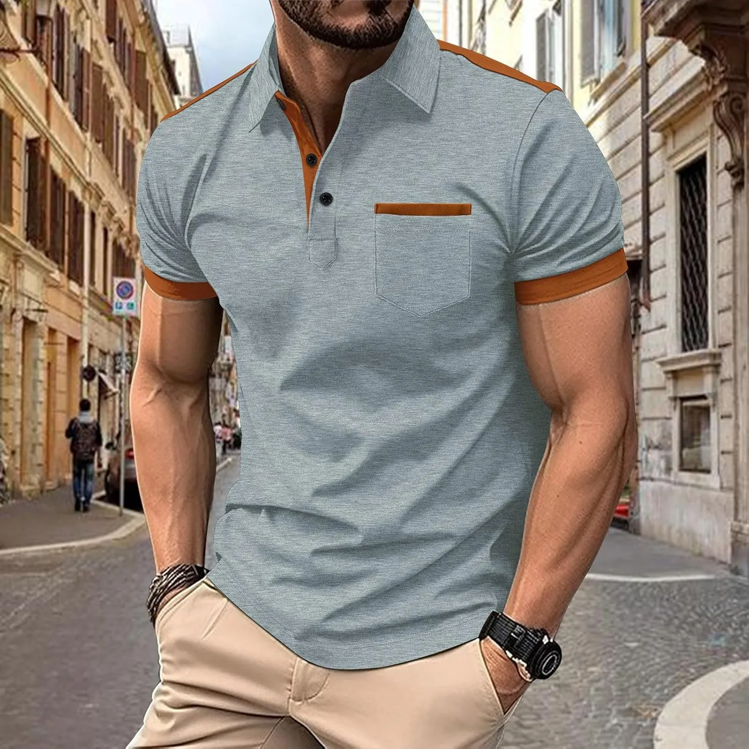 Men's Slim Fit Polo Shirt Lapel Collar Button Down Patchwork Color Matching Work T Shirt Lightweight Tops with Pocket