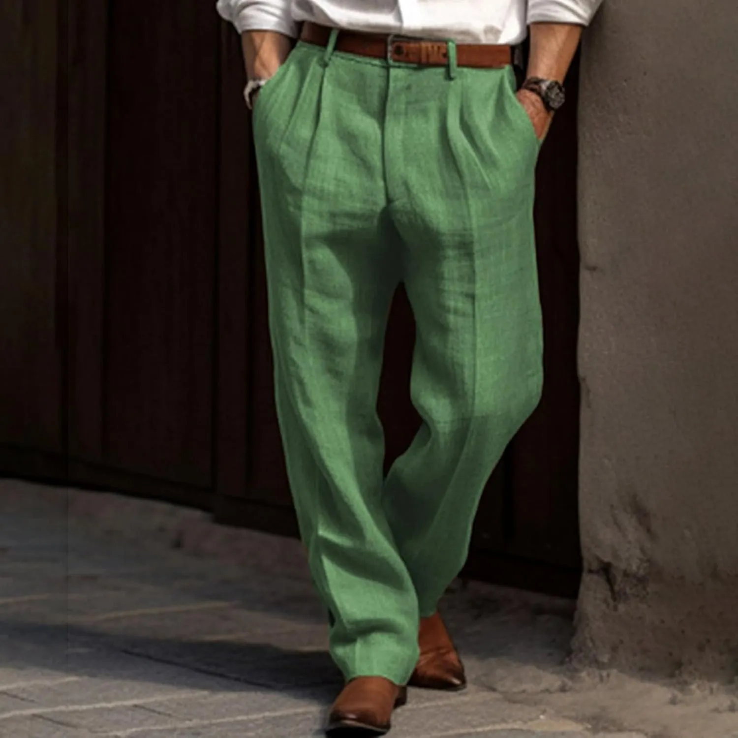 Men’s Solid Casual Pocket Front Pocket Fold Wide Leg Pants Elastic Waist Belt Loose Pants Open Leg Pants