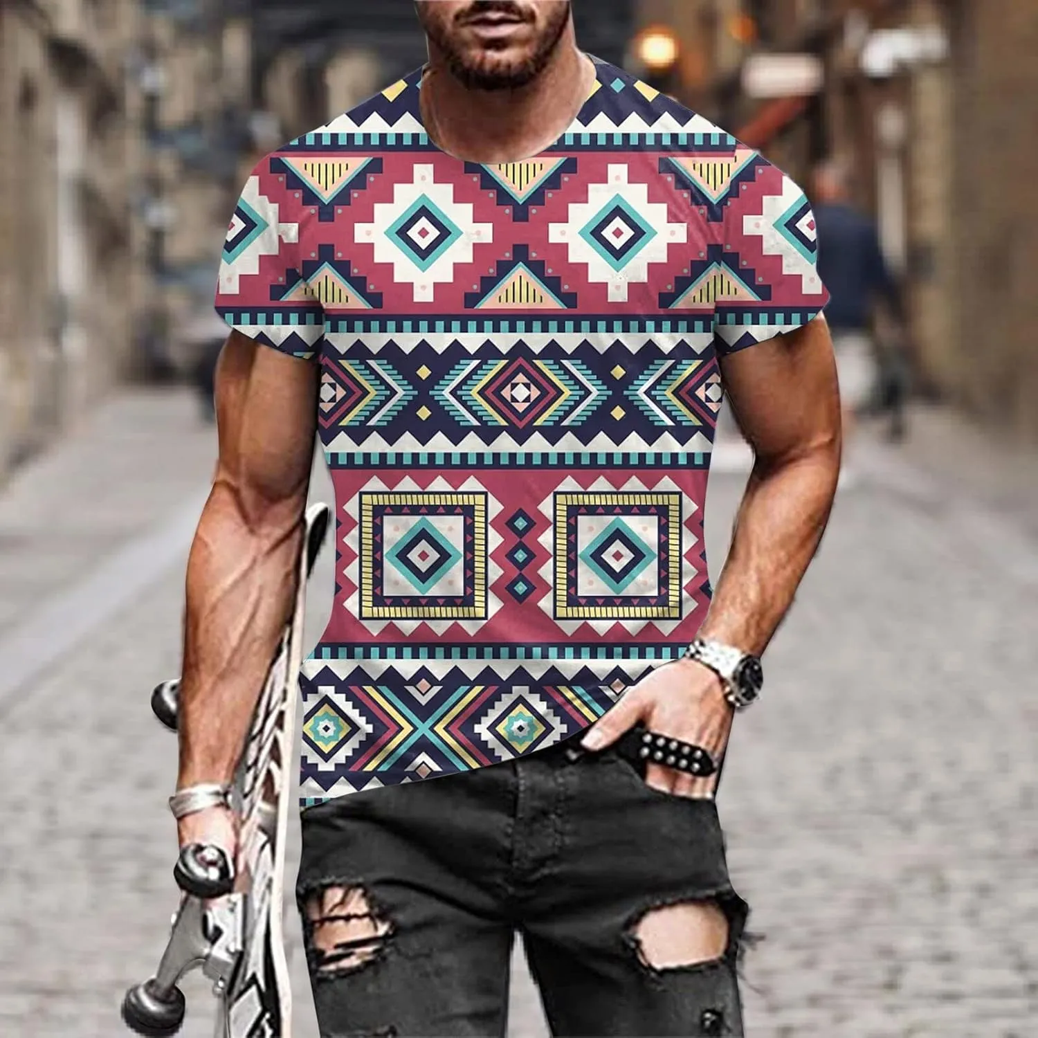 Mens Summer Shirt Rainbow Tie Dye T-Shirt Summer Casual Short Sleeve Tops Cool 3D Printing Muscle Workout Tees Blouse