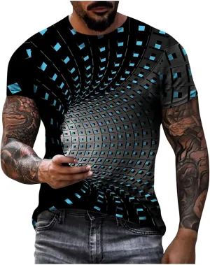Men's Summer Short Sleeve Shirts, 3D Optical Illusion Print T-Shirts Casual Fashion Funny Tunnel Graphics O Neck Tee Tops
