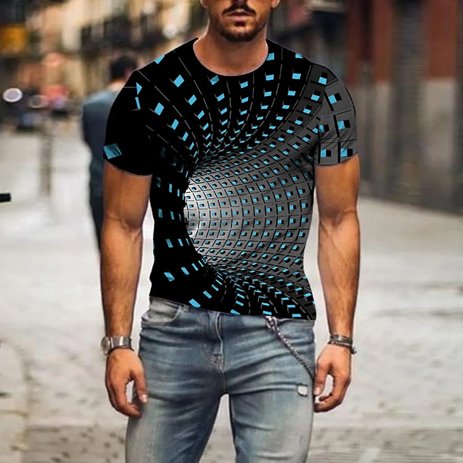 Men's Summer Short Sleeve Shirts, 3D Optical Illusion Print T-Shirts Casual Fashion Funny Tunnel Graphics O Neck Tee Tops