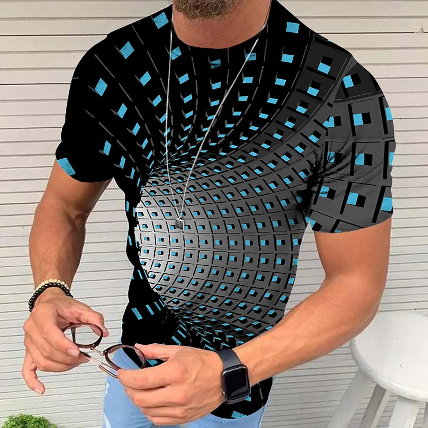 Men's Summer Short Sleeve Shirts, 3D Optical Illusion Print T-Shirts Casual Fashion Funny Tunnel Graphics O Neck Tee Tops