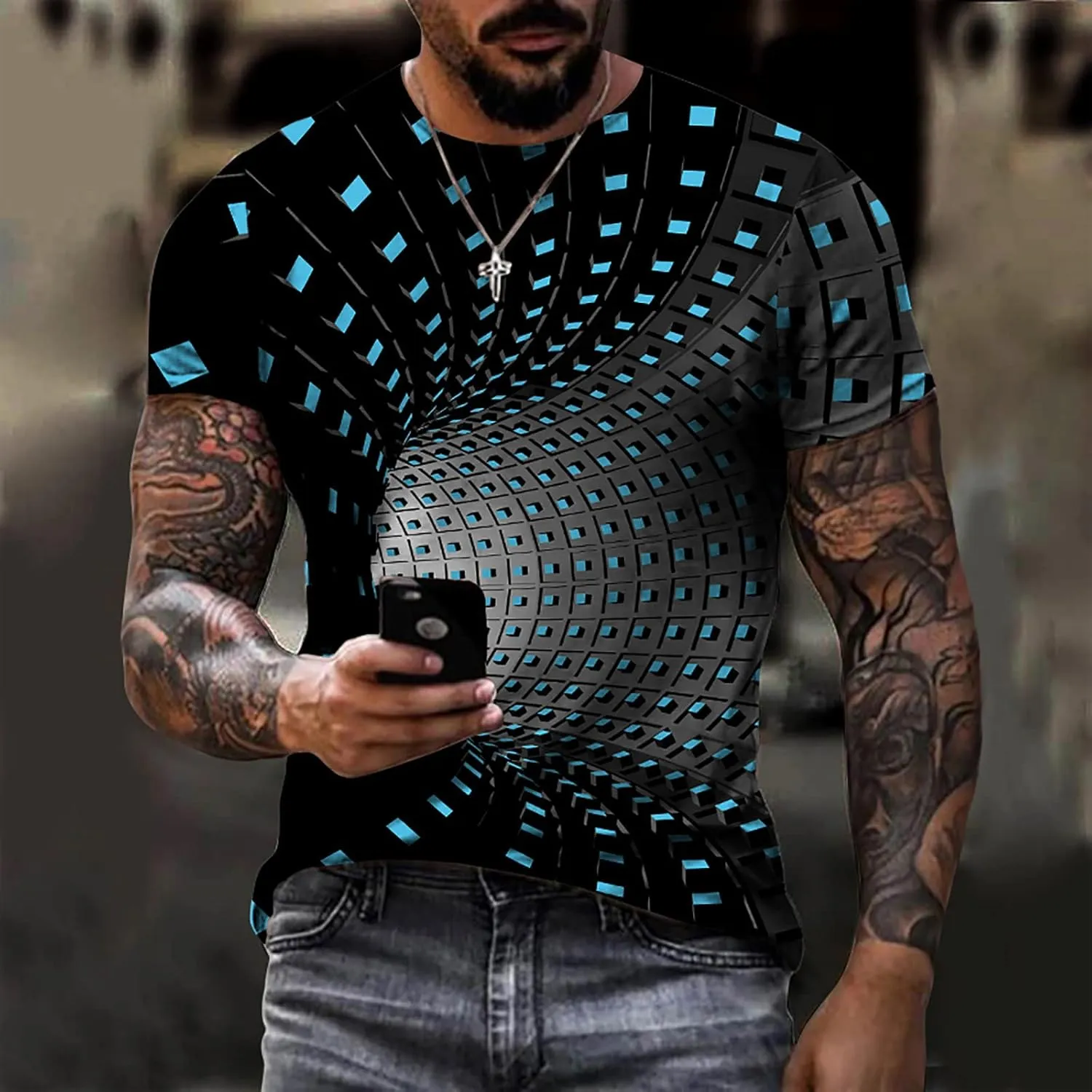Men's Summer Short Sleeve Shirts, 3D Optical Illusion Print T-Shirts Casual Fashion Funny Tunnel Graphics O Neck Tee Tops
