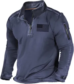 Mens Tactical Sweatshirts with No Hood Long Sleeve Stand Collar Casual 1/4 Zip American Flag Patriotic Pullover Sweater Tops