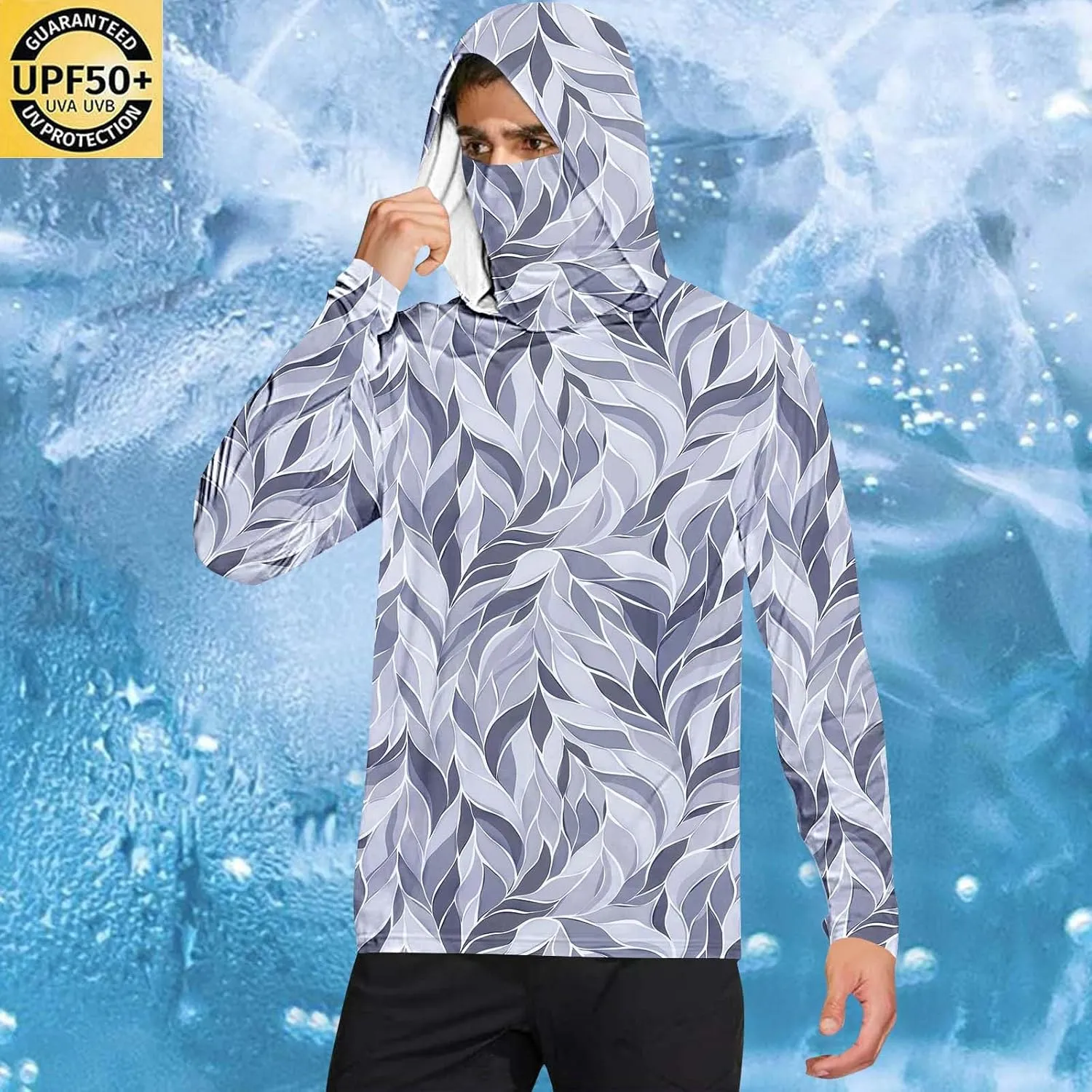 Mens UPF 50  Fishing Shirts Tops Long Sleeve UV Sun Protection Rash Guard Lightweight Sun Hoodie with Face Mask
