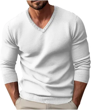 Men's V Neck Sweater Soft Casual Classic Ribbed Knit Pullover Top Lightweight Comfy Long Sleeve Sweaters T Shirts