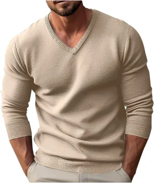 Men's V Neck Sweater Soft Casual Classic Ribbed Knit Pullover Top Lightweight Comfy Long Sleeve Sweaters T Shirts
