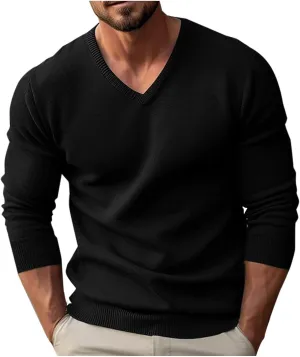 Men's V Neck Sweater Soft Casual Classic Ribbed Knit Pullover Top Lightweight Comfy Long Sleeve Sweaters T Shirts