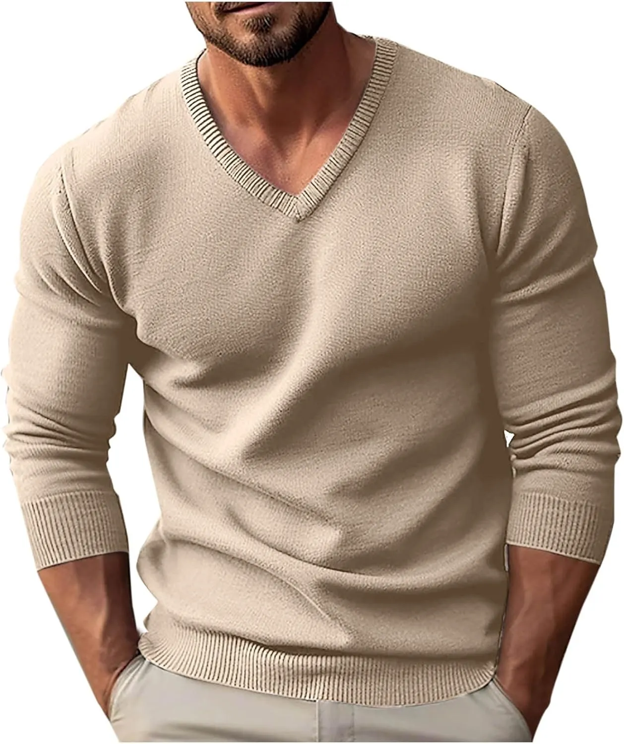 Men's V Neck Sweater Soft Casual Classic Ribbed Knit Pullover Top Lightweight Comfy Long Sleeve Sweaters T Shirts