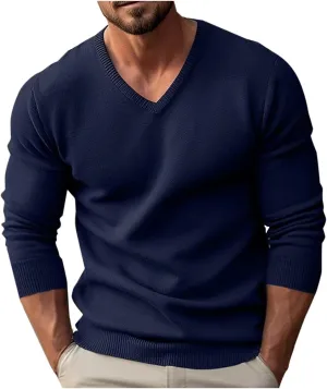 Men's V Neck Sweater Soft Casual Classic Ribbed Knit Pullover Top Lightweight Comfy Long Sleeve Sweaters T Shirts
