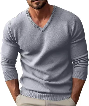 Men's V Neck Sweater Soft Casual Classic Ribbed Knit Pullover Top Lightweight Comfy Long Sleeve Sweaters T Shirts