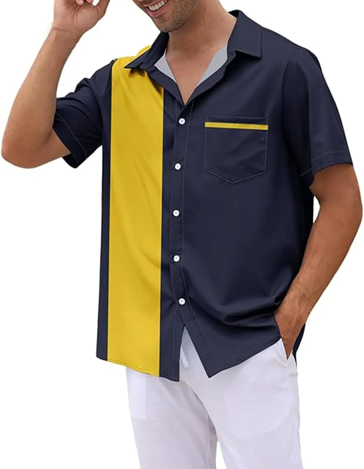 Men's Vintage 1950s Bowling Shirts Button Down Summer Hawaiian Beach Shirt Lightwegiht Loose Casual Short Sleeve Tops