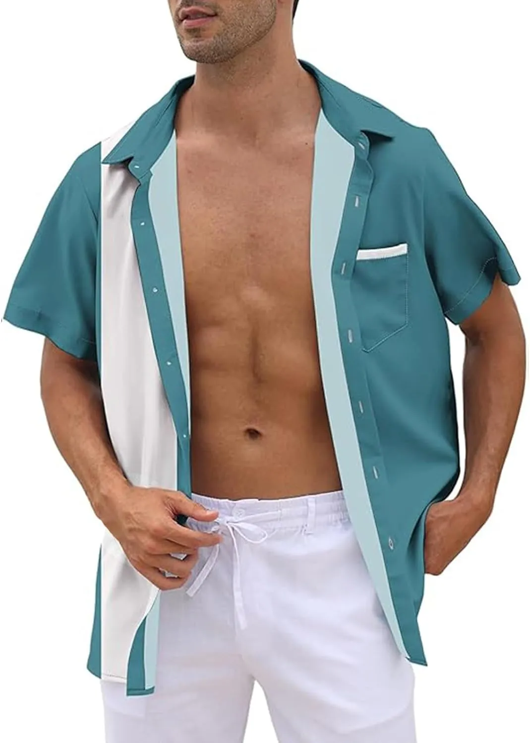 Men's Vintage 1950s Bowling Shirts Button Down Summer Hawaiian Beach Shirt Lightwegiht Loose Casual Short Sleeve Tops
