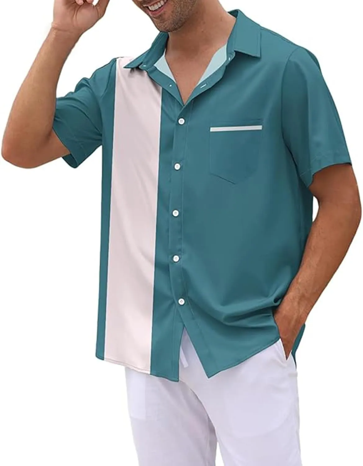 Men's Vintage 1950s Bowling Shirts Button Down Summer Hawaiian Beach Shirt Lightwegiht Loose Casual Short Sleeve Tops