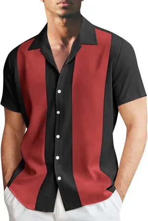 Men's Vintage Bowling Shirts 1950s Casual Short Sleeve Cuba Guayabera Shirt Lightweight Quick Dry Summer Beach Tops