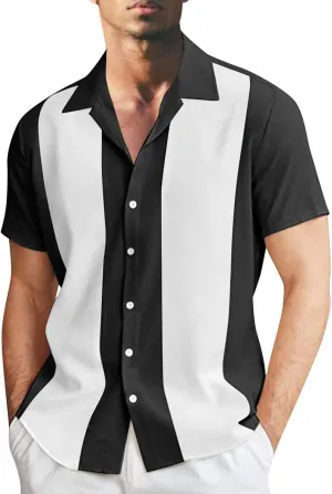 Men's Vintage Bowling Shirts 1950s Casual Short Sleeve Cuba Guayabera Shirt Lightweight Quick Dry Summer Beach Tops