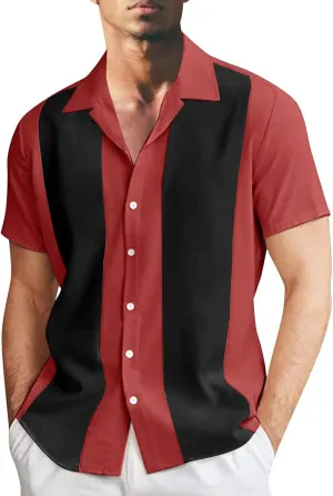 Men's Vintage Bowling Shirts 1950s Casual Short Sleeve Cuba Guayabera Shirt Lightweight Quick Dry Summer Beach Tops