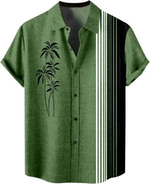 Men's Vintage Bowling Shirts Retro Rockabilly Style Short Sleeve Casual Button Down Shirt Hawaiian Summer Beach Tops