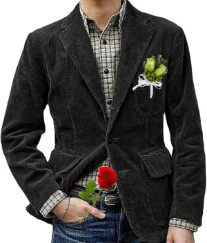 Men's Vintage Corduroy Lapel Jacket,Corduroy Blazer for Men Slim Fit Corduroy Sport Coat with Pockets Single Breasted Blazer