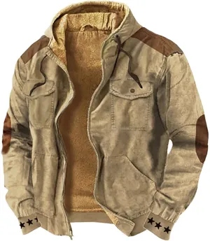 Men's Vintage Patched Oversized Hooded Jacket Retro Casual Full Zip Long Sleeve Hoodies Sherpa Lined Winter Warm Coat Outwear