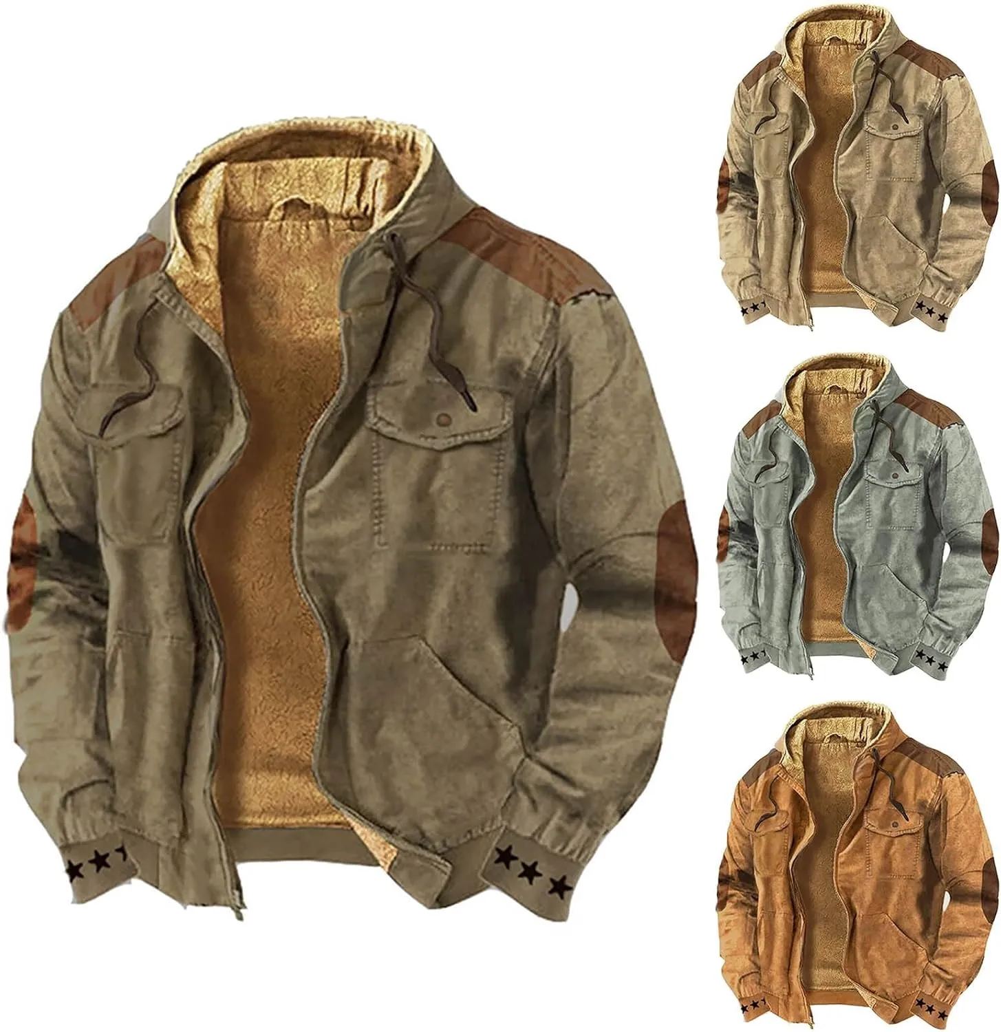 Men's Vintage Patched Oversized Hooded Jacket Retro Casual Full Zip Long Sleeve Hoodies Sherpa Lined Winter Warm Coat Outwear