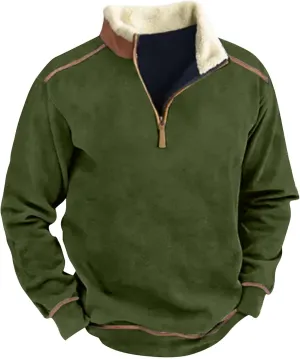 Men's Vintage Western Cowboy Zipper Sweatshirt Fluffy Fleece Sweater 1/4 Zip Stand Collar Cowboy Print Jacket Coats