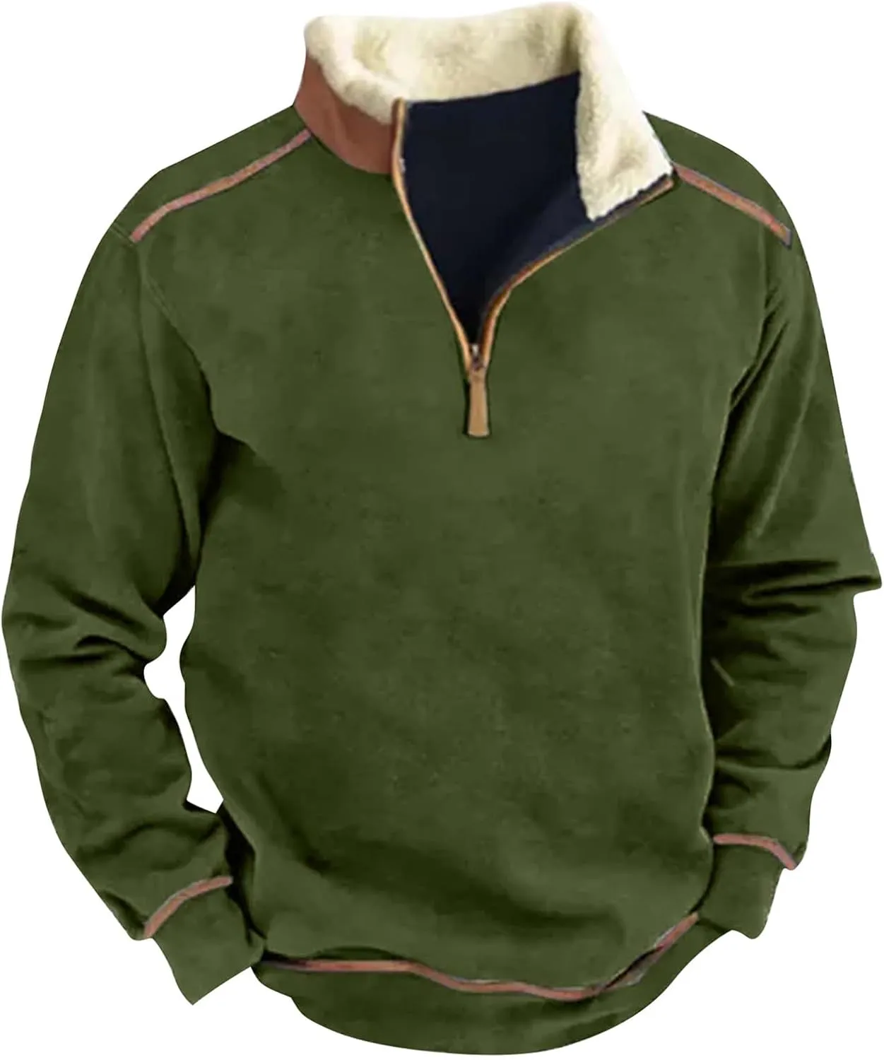 Men's Vintage Western Cowboy Zipper Sweatshirt Fluffy Fleece Sweater 1/4 Zip Stand Collar Cowboy Print Jacket Coats