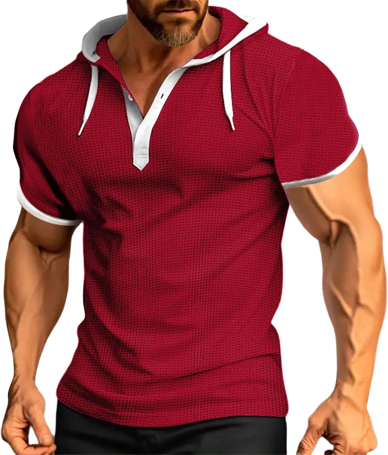 Mens Waffle Hoodie Shirts Short Sleeve Workout Gym Sweatshirt Muscle Fit Fashion Athletic Hood Pullover Cotton Hooded Tshirt