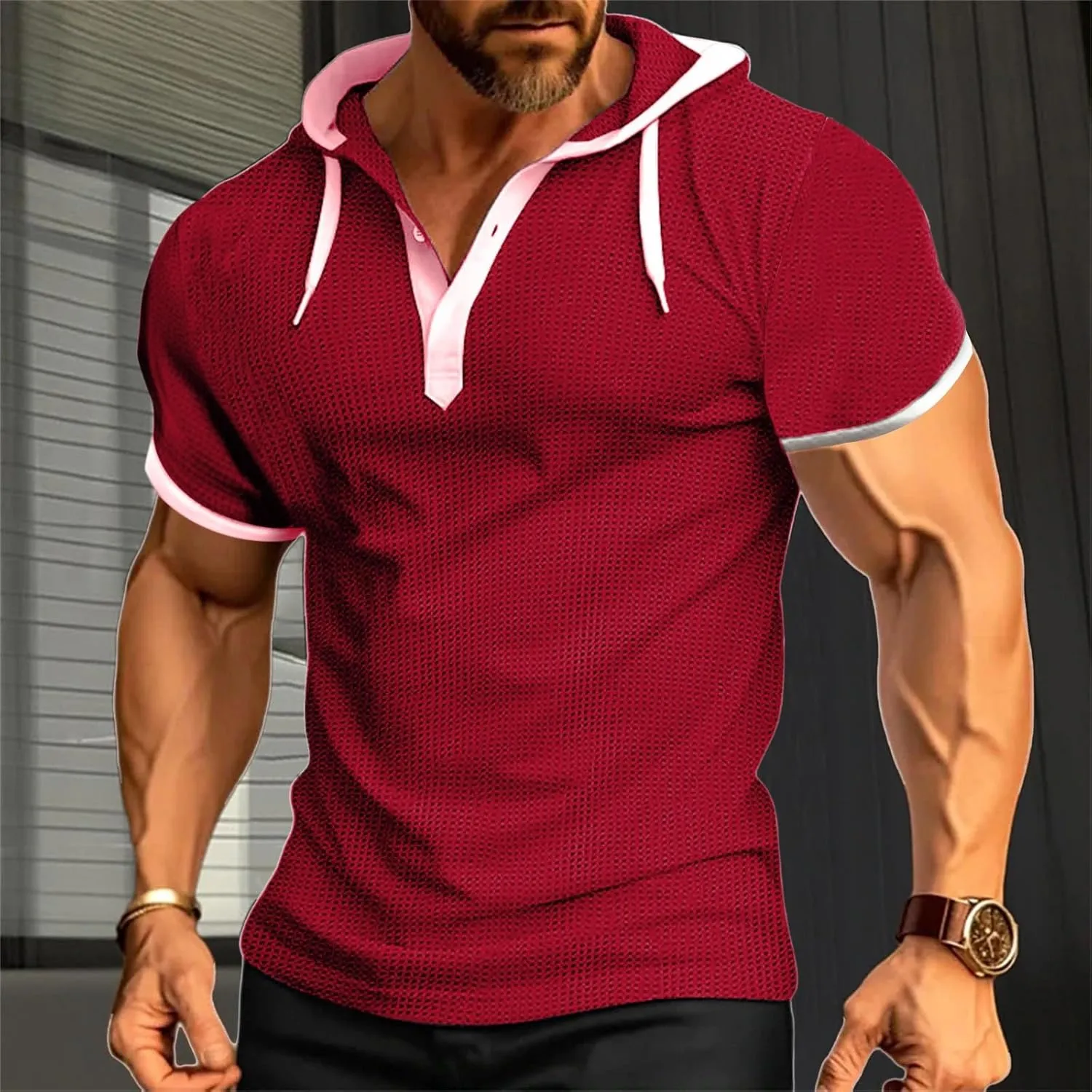 Mens Waffle Hoodie Shirts Short Sleeve Workout Gym Sweatshirt Muscle Fit Fashion Athletic Hood Pullover Cotton Hooded Tshirt