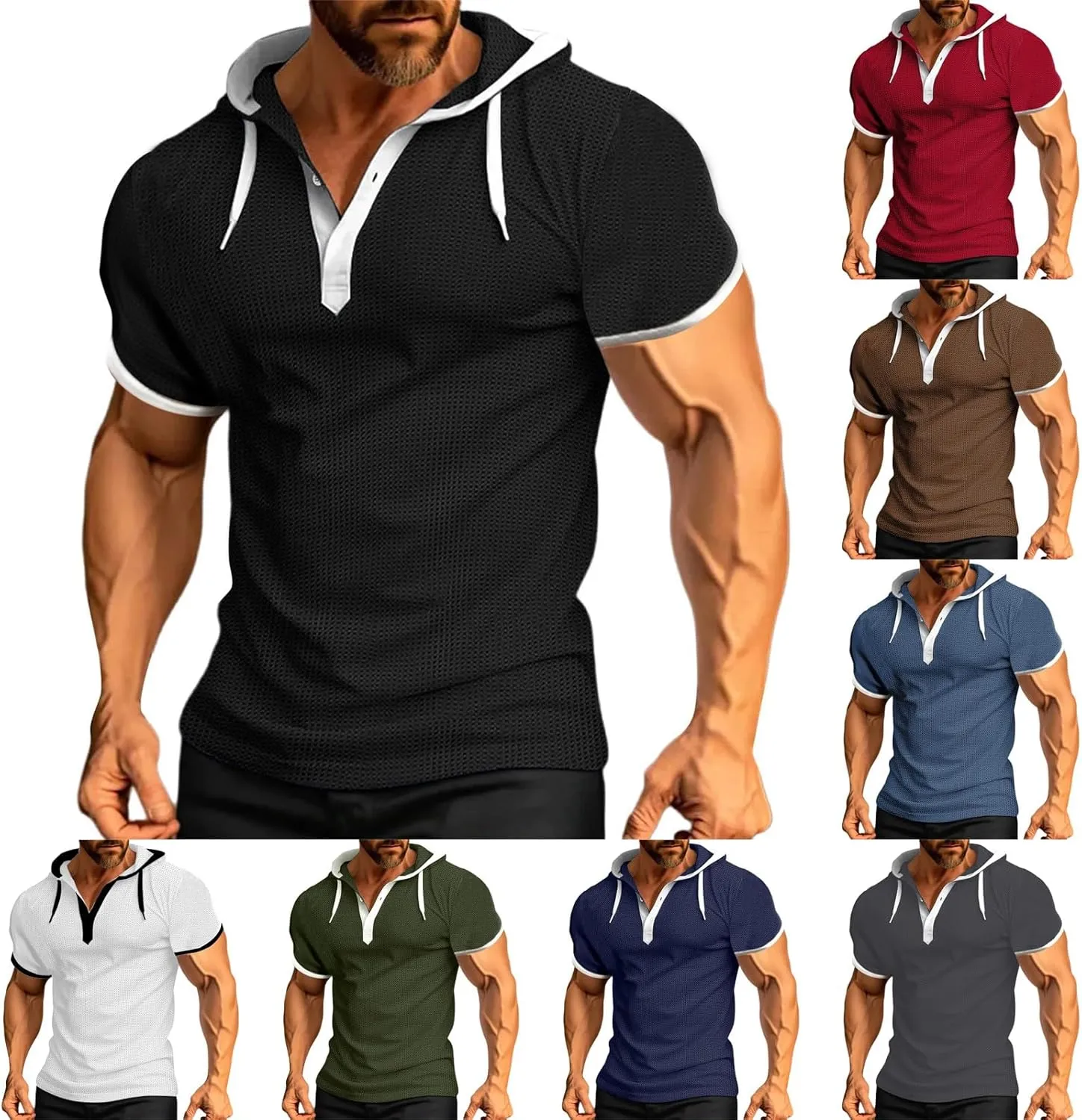Mens Waffle Hoodie Shirts Short Sleeve Workout Gym Sweatshirt Muscle Fit Fashion Athletic Hood Pullover Cotton Hooded Tshirt