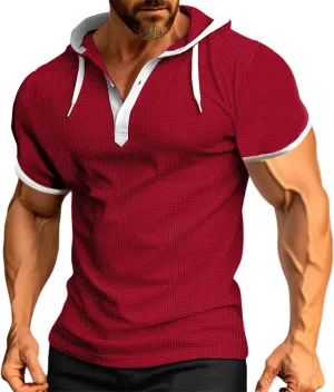 Mens Waffle Hoodie Shirts Short Sleeve Workout Gym Sweatshirt Muscle Fit Fashion Athletic Hood Pullover Cotton Hooded Tshirt