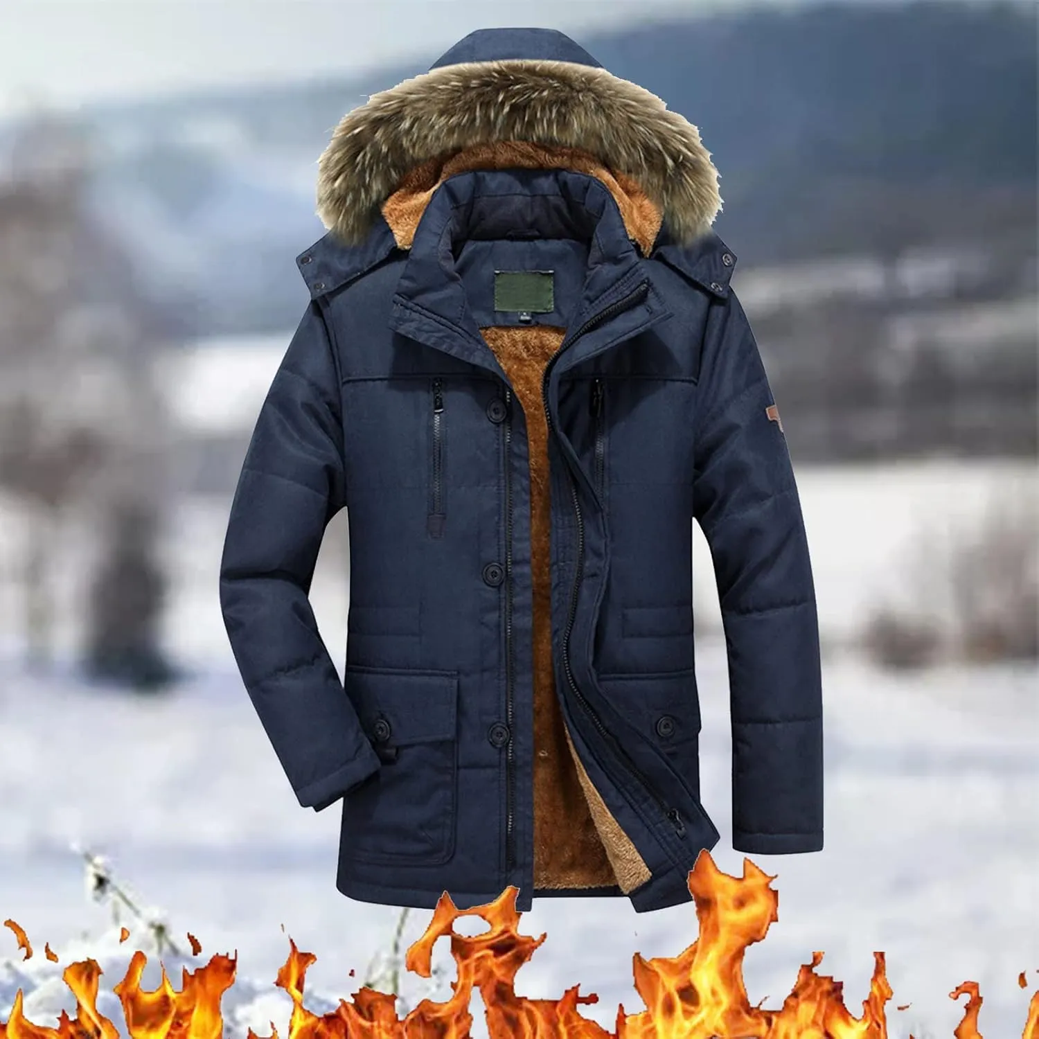 Mens Warm Fleece Parka Jacket with Fur Hood Big and Tall Anorak Jacket Winter Military Thicken Jackets Outwear Jackets
