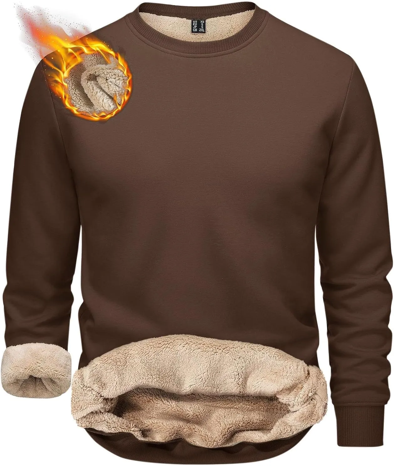 Men's Warm Sherpa Lined Crewneck Sweatshirts Oversize Fleece Pullover Tops Thick Thermal Cotton Pullover Tops Big&Tall