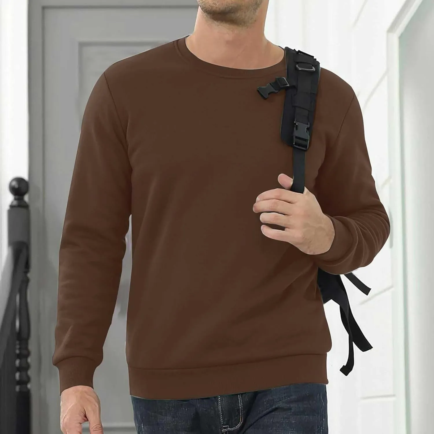 Men's Warm Sherpa Lined Crewneck Sweatshirts Oversize Fleece Pullover Tops Thick Thermal Cotton Pullover Tops Big&Tall