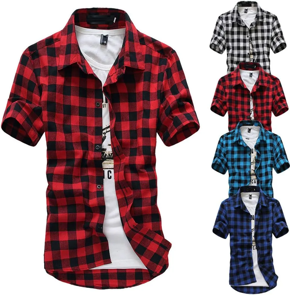 Mens Western Cowboy Short Sleeve Pearl Snap Casual Plaid Work Shirts Casual Summer Button Down Gingham Dress Shirts