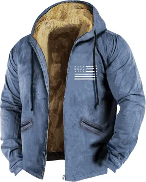 Men's Western Vintage Print Sherpa Fleece Lined Jackets Winter Warm Cozy Outerwear Quilted Down Varsity Coat Hooded