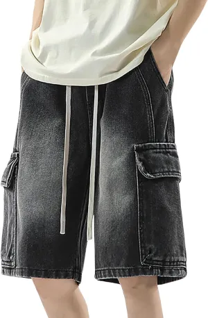 Men's Wide Leg Y2K Hip Hop Mid Jean Shorts Baggy Denim Shorts with Pockets Aesthetic Pants Streetwear Clothes