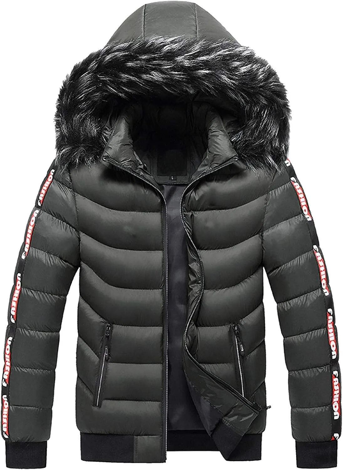 Men's Winter Padded Coat Windproof Mountain Ski Snow Puffer Jacket Mid-Long Thicken Warm Down Coat with Faux Fur Hood