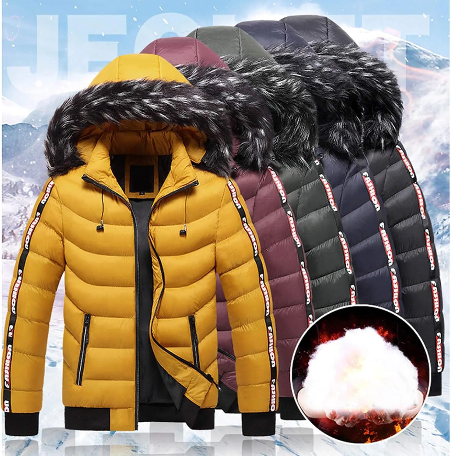 Men's Winter Padded Coat Windproof Mountain Ski Snow Puffer Jacket Mid-Long Thicken Warm Down Coat with Faux Fur Hood