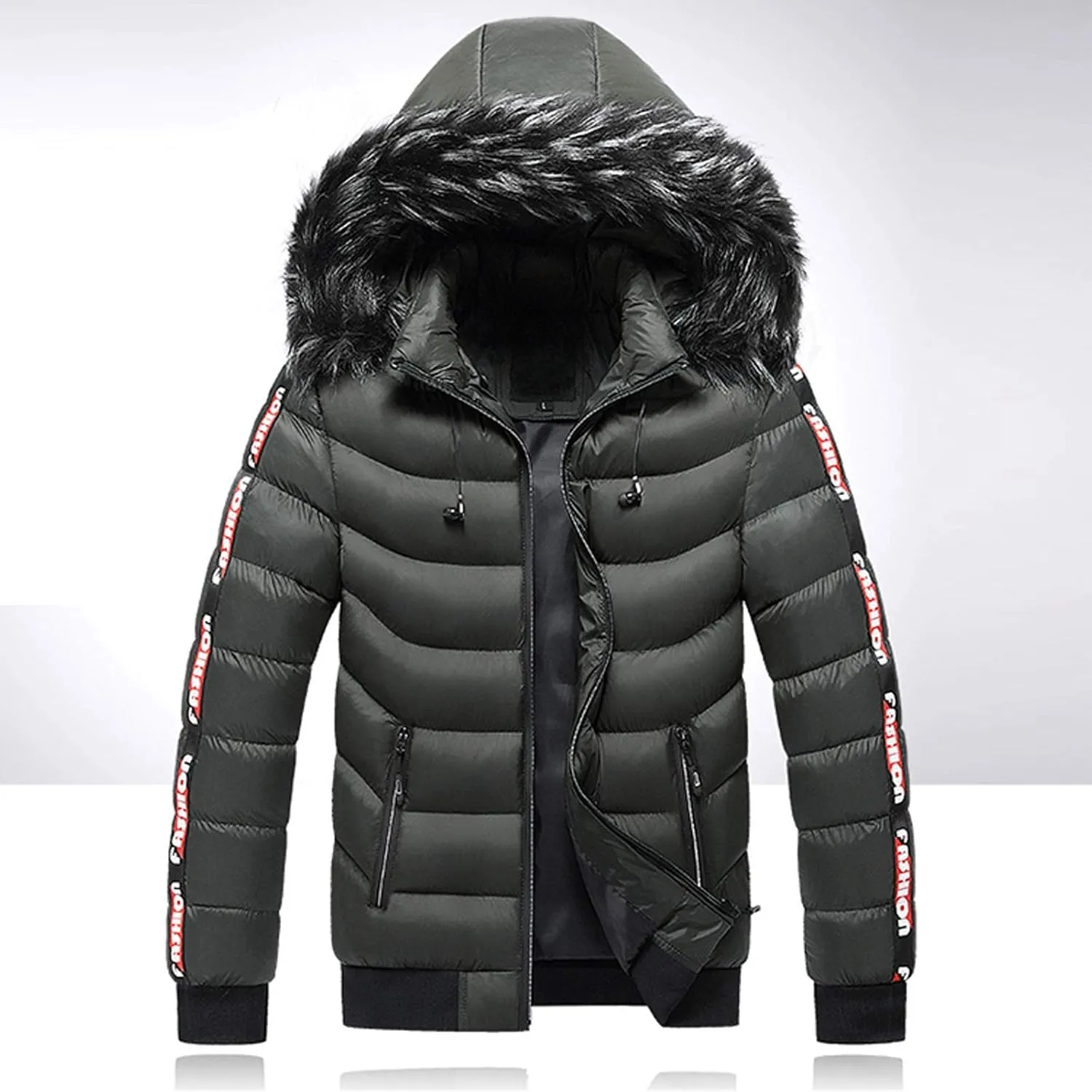 Men's Winter Padded Coat Windproof Mountain Ski Snow Puffer Jacket Mid-Long Thicken Warm Down Coat with Faux Fur Hood
