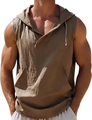 Men's Workout Hooded Tank Tops V Neck Sleeveless Drawstring Hoodies Bodybuilding Muscle Cut Off T Shirt with Pockets