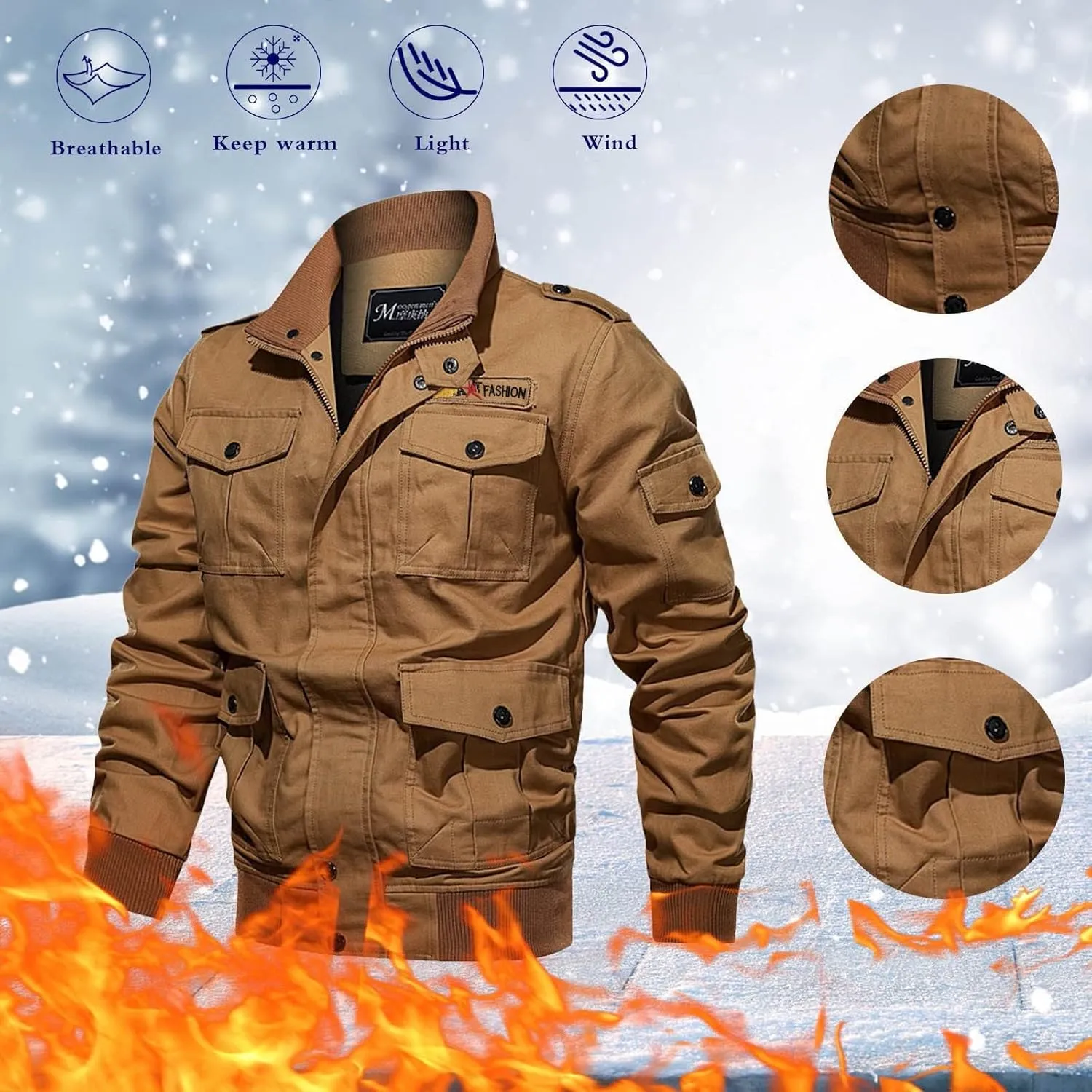 Military Jacket for Men Big and Tall Tactical Jacket with Multi Pockets Stand Collar Coats Cargo Bomber Working Jacket