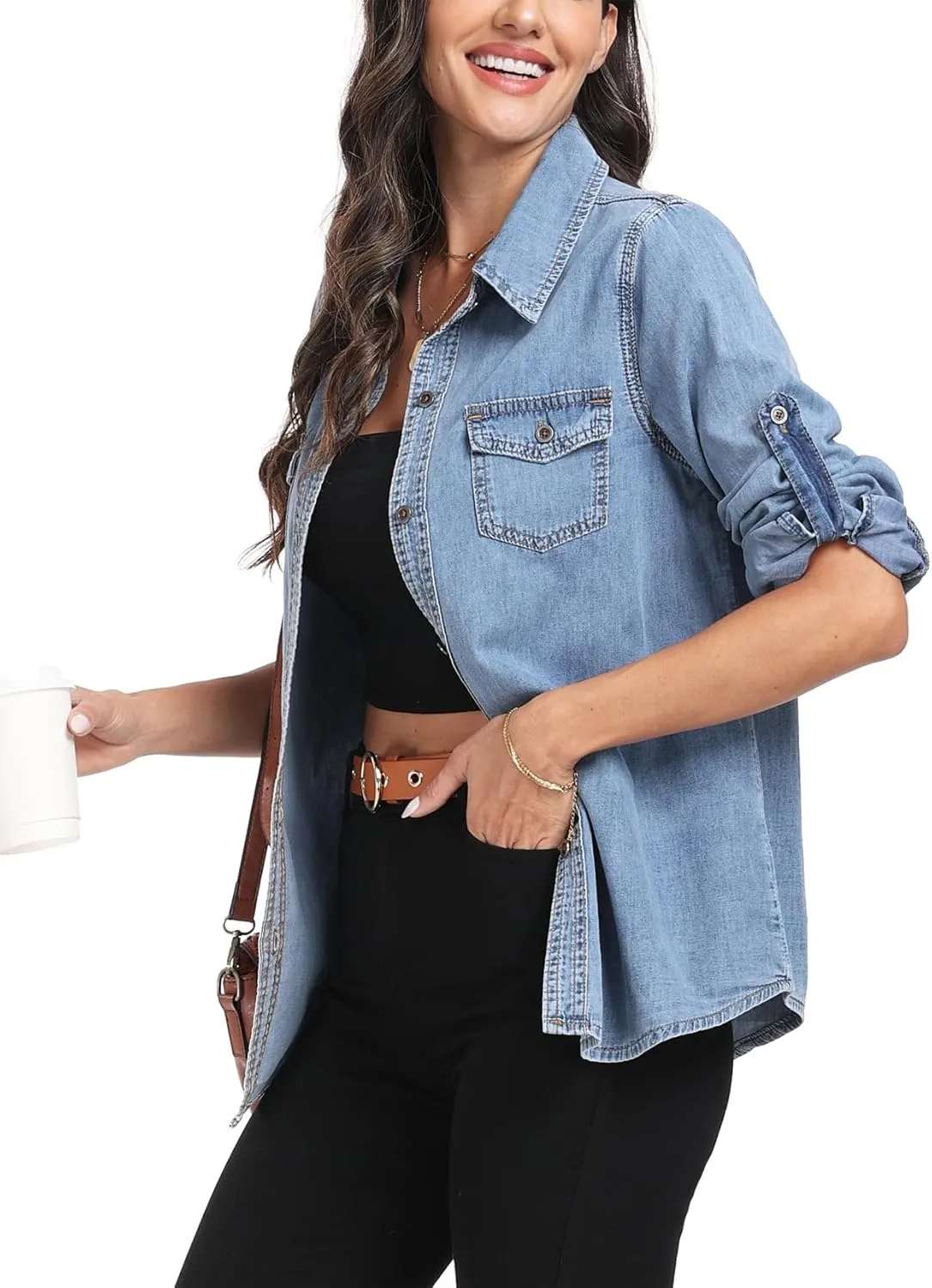 MISS MOLY Women Casual Button Down Long Sleeve Roll Up Oversized Boyfriend Distressed Denim Shirts