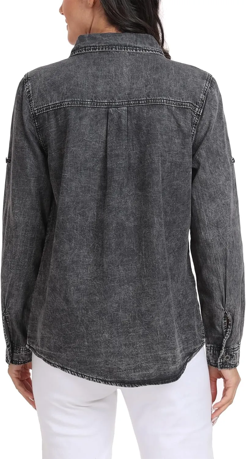 MISS MOLY Women Casual Button Down Long Sleeve Roll Up Oversized Boyfriend Distressed Denim Shirts